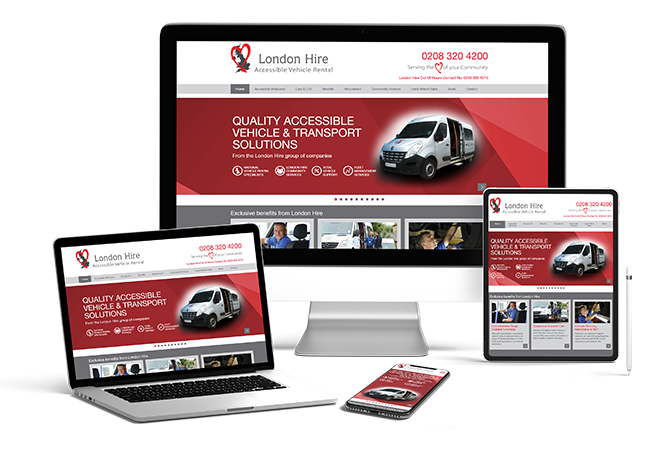 Responsive website design for London Hire Ltd, an accessible vehicle rental company, shown across desktop, laptop, tablet, and smartphone screens. The layout features bold red branding, a clear value proposition, and mobile-friendly functionality for user