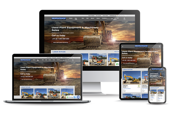 Responsive website design for a used plant equipment and machinery sales company, displayed across multiple devices including desktop, laptop, tablet, and smartphone demonstrating mobile-friendly layout, consistent branding, and modern web development bes
