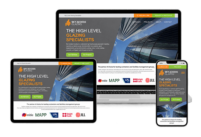 Sky Access Glazing website shown on desktop, laptop, tablet and mobile, demonstrating a consistent responsive layout across different screen sizes.
