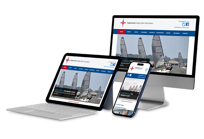 Responsive website design for the Supernova Dinghy Class Association, displayed across desktop, tablet, laptop, and smartphone screens. The site features sailing imagery and a structured navigation layout, optimised for user access to class information, e