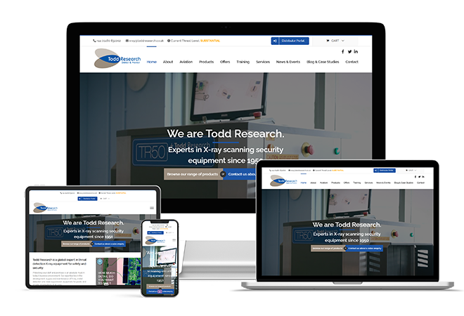 Responsive website display for Todd Research, showcasing desktop, laptop, tablet, and mobile views as part of website maintenance and support services.
