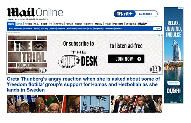 Screenshot of the MailOnline website featuring multiple Google Display Ads, including an Amazon banner on the left, a supplement product ad for Essential Aminos in the centre, and a Swarovski jewellery promotion on the right—demonstrating high-visibility