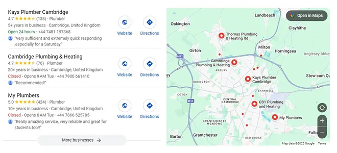 Screenshot of a Google Maps local pack showing plumber listings, including Kays Plumber, with star ratings, reviews, business hours, and contact details alongside a map displaying pin l