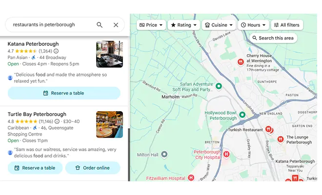 Screenshot of Google Maps showing a search for “restaurants in Peterborough”, with listings and a city-centre map with restaurant pins.