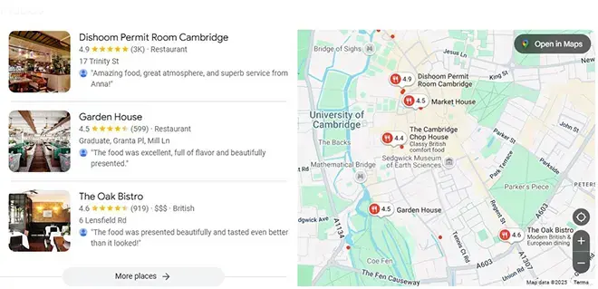 Google local map pack showing top-rated restaurants, including Dishoom Permit Room, Garden House, and The Oak Bistro, with star ratings, reviews, and a map pinpointing their locations.