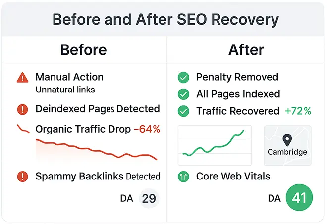 Before and after SEO recovery comparison chart showing improvements from penalty removal, page indexing, and traffic increase, with domain authority rising from 29 to 41 and Cambridge location highlighted.